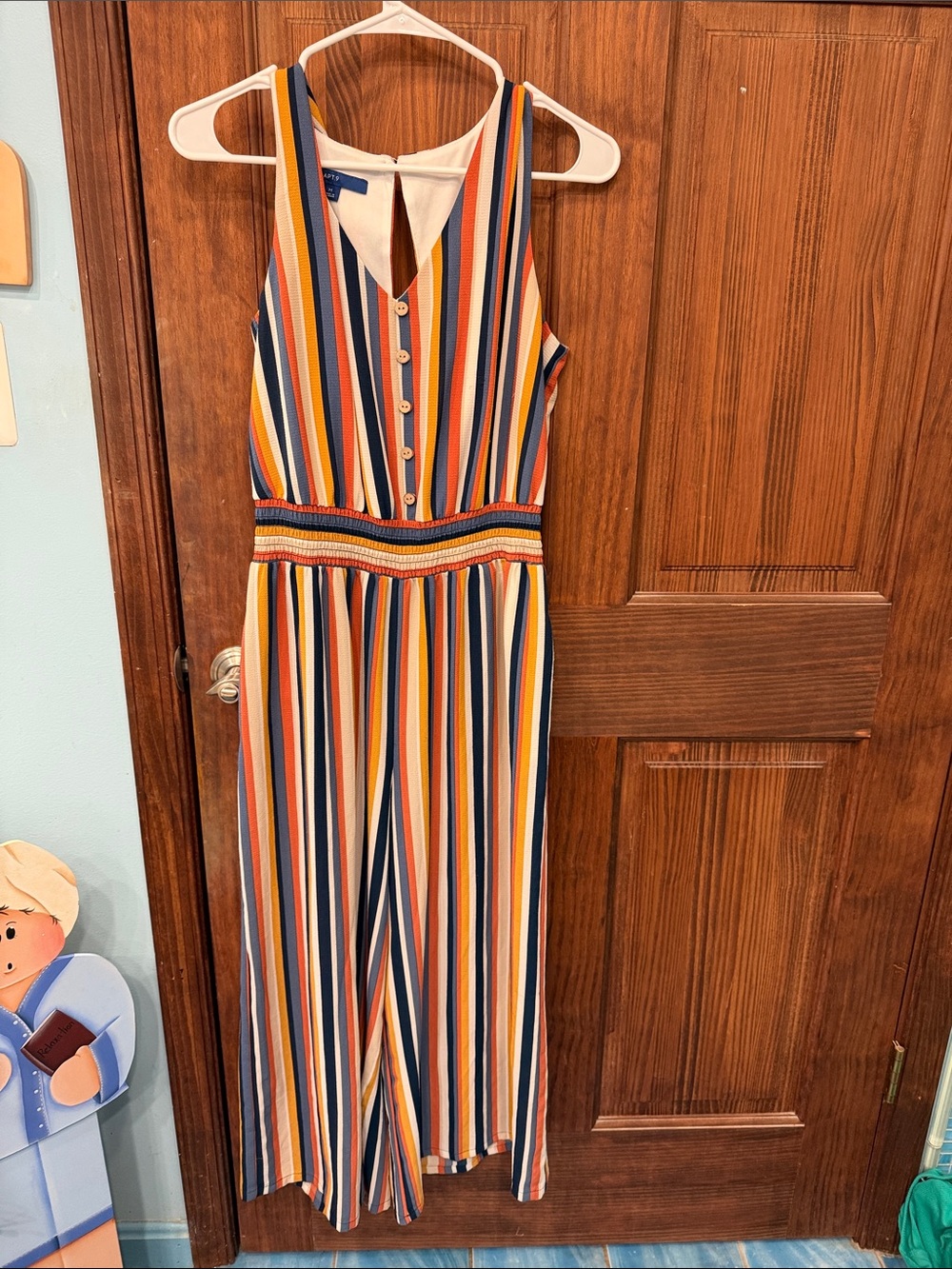 Apt. 9 Navy, Mustard & Coral Striped Sleeveless Jumpsuit
